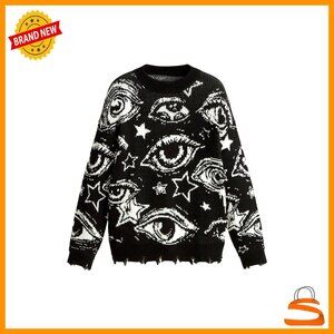 Goth Cartoon Pattern Sweater Long Sleeve Crewneck Knit Pullover Top
